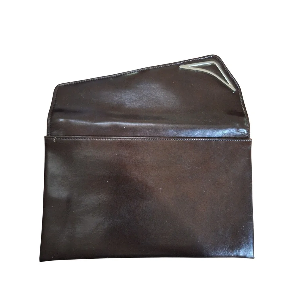 Vintage Art Deco Dark Brown Faux Leather Envelope Clutch Bag with Mirror Accent